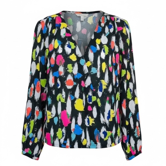 4/$20 Liz Claiborne Black Brushstroke Blouse Long Sleeve V-Neck Pullover MEDIUM - Picture 2 of 3